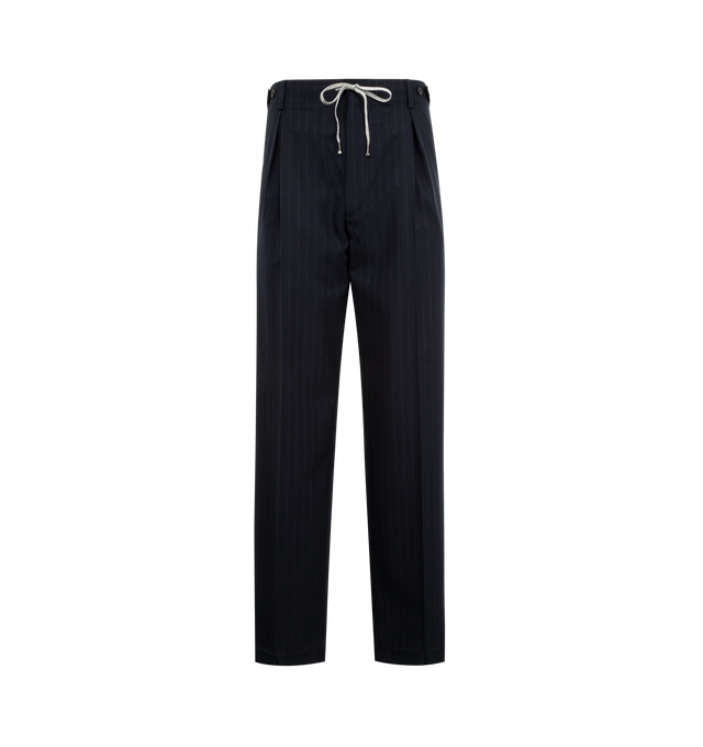 Image 1 of 3 - GREY - MAISON MARGIELA Pinstripe Wide Trousers featuring a drawstring waist with loops and buttons, two side welt pockets, one back welt pocket with button, front pleats, and Four Stitches logo on the back. 100% wool. Lining: 100% viscose. Made in Italy.