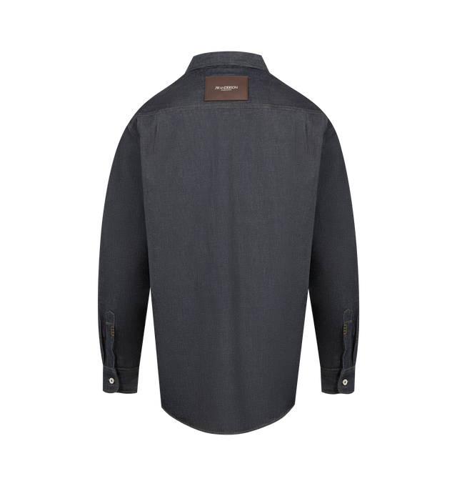 Image 3 of 3 - BLUE - JW ANDERSON Oversized Shirt featuring relaxed proportions, logo embossed leather patch, button front closure, button cuffs and button flap chest pockets. 100% cotton. Made in Japan.