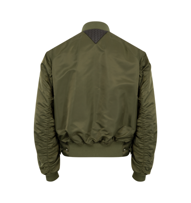 Image 2 of 3 - GREEN - BOTTEGA VENETA Bomber jacket in padded satin nylon with water-repellent finish featuring a detachable shearling collar, Intrecciato leather back patch, fully lined, zipper closure and relaxed fit. 100% polyamide. Made in Italy.