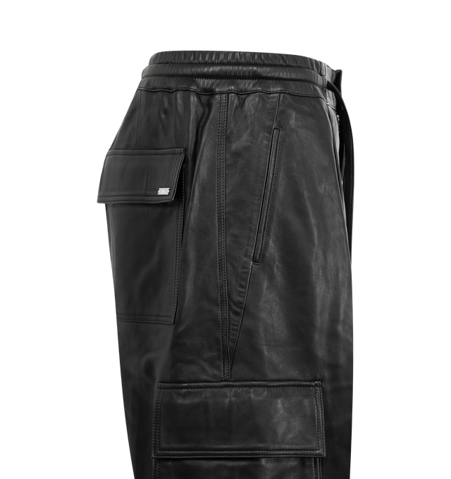 Image 3 of 3 - BLACK - NAHMIAS Leather Pleated Cargo Shorts featuring drawstring waist with button closure, cargo pockets, pleated front and satin finished poly lining. 100% leather.