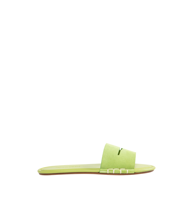 Image 1 of 4 - GREEN - JW ANDERSON Loafer Slide Sandal featuring a whipstitched keeper strap, Italian-crafted suede slide sandal, leather upper, lining and sole. Made in Italy.