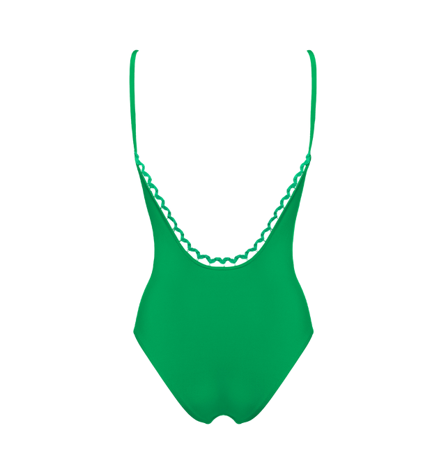 Image 2 of 6 - GREEN - ERES Fantasy One-Piece Tank Swimsuit featuring thin straps, rick rack edge suspended by a nylon thread around the neckline, upper back, underarms with a round deep back. Main: 84% Polyamid, 16% Spandex. Second: 93% Polyamid, 6% Spandex, 1% Polyester. Made in France. 