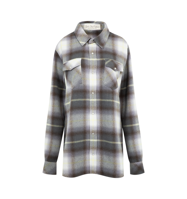 Image 1 of 2 - GREY - GOD'S TRUE CASHMERE Shadow Plaid Cashmere Shirt featuring 11 hand-carved, gemstone snaps, Moonstone, plaid throughout, long sleeves, classic collar and two front flap pockets on chest. 100% cashmere. Made in Italy.