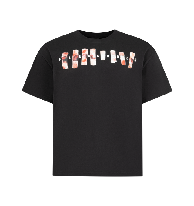 Image 1 of 2 - BLACK - PLEASURES Wounded T-Shirt featuring short sleeves, crew neck, regular fit and screen print graphic. 100% cotton.