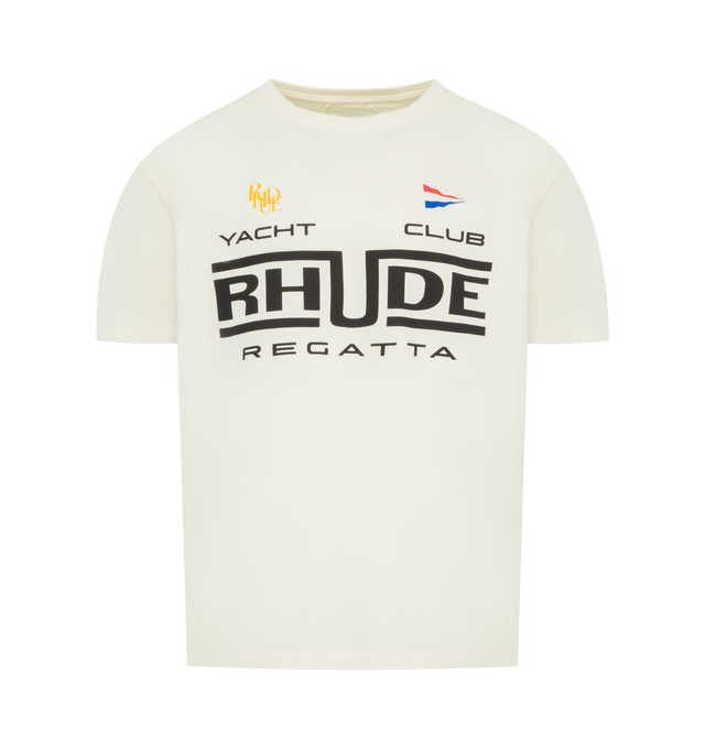 Image 1 of 2 - WHITE - RHUDE Regatta Club Graphic T-Shirt featuring boxy fit, graphic on front, crewneck, short sleeves and dropped shoulders. 100% cotton.