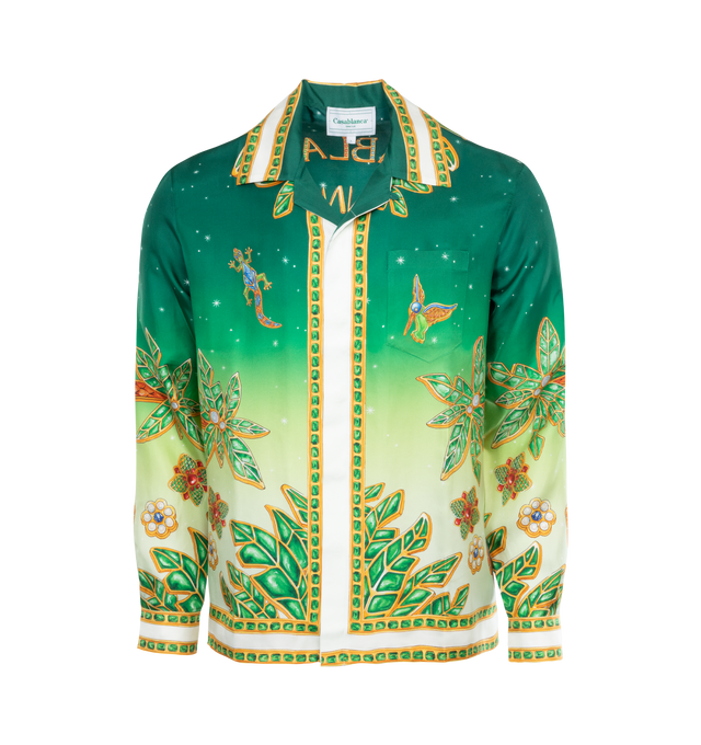 Image 1 of 2 - GREEN - CASABLANCA Cuban Collar Shirt featuring print throughout, notched collar, concealed button placket, chest patch pocket, long sleeves and straight hem. 100% silk. Made in Italy. 