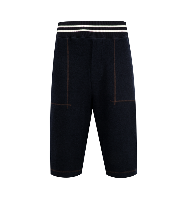 Image 1 of 3 - NAVY - WALES BONNER October Shorts featuring elasticated, striped waistband, patch pockets, rear patch pocket with logo motif and contrast overlocked top-stitching. Wool. Made in Portugal