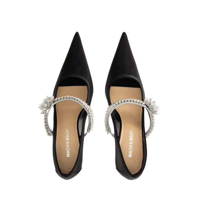 Image 4 of 4 - BLACK - MACH & MACH Lotus Flower Jewelled Mesh Pumps featuring sheer Italian mesh with a crystal strap, pointed toe and 95 mm heel. Upper: 100% Polyamide with crystal embellishment. Lining: 100% Kid Leather. Sole: 100% Calf Leather. Made in Italy.