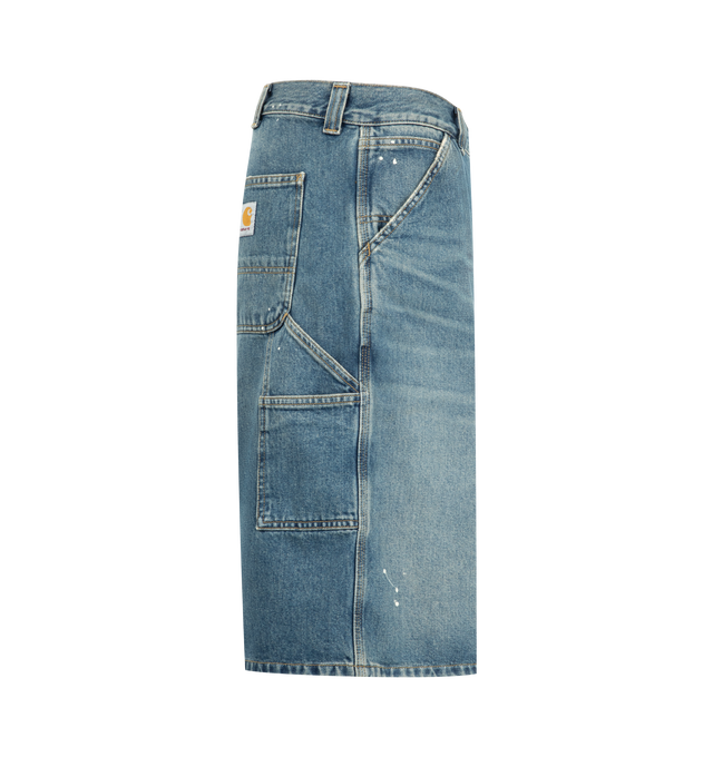 Image 3 of 3 - BLUE - CARHARTT WIP OG Single Knee Short featuring a wide fit from heavyweight cotton denim, intentionally distressed, worn-in look, tool pockets and a hammer loop, bartack stitching, metal rivets at vital stress points and a woven Square Label appears on the rear pocket. 100% cotton.