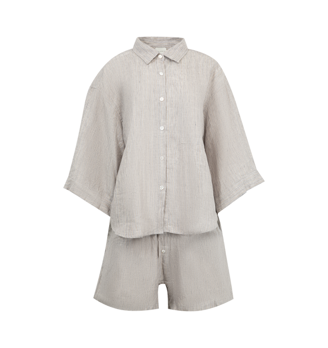 Image 1 of 7 - GREY - DEIJI STUDIOS 03 Set featuring an oversized box fit linen shirt with wide arms and a front pocket. Designed to sit mid rise, the loose fitting boxer style shorts have a faux button down fly and an elastic waist. 100% French linen.