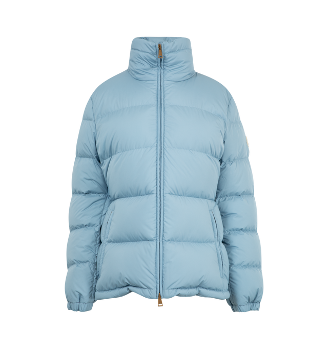 Image 1 of 3 - BLUE - MONCLER Dourbe Hooded Short Down Jacket featuring recycled longue saison, recycled longue saison lining, down-filled, pull-out hood, zipper closure, zipped welt pockets, elastic cuffs and hem with drawstring fastening. 100% polyester. Padding: 90% down, 10% feather.