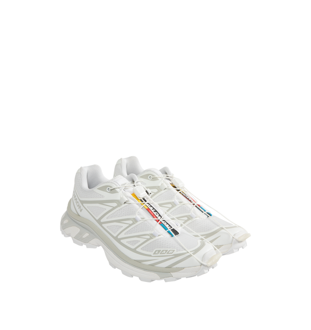 Image 2 of 5 - WHITE - Salomon XT-6 Sportstyle Sneakers are a lace-up style with an Agile Chassis System, abrasion-resistant TPU materials, single-layer mesh, SensiFit systems, protective toecaps, lace pockets for the Quicklace lacing system, molded OrthoLite sock liners, and rubber outsoles.