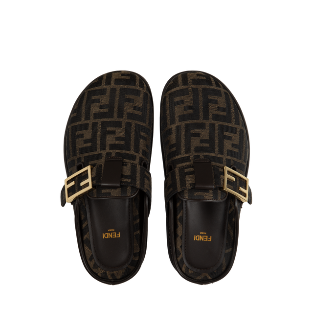 Image 4 of 4 - BROWN - FENDI Feel Mule featuring round-toe, FF strap, jacquard fabric and gold-finish metalware. 50% polyester, 50% polyamide. Inside: 100% lamb leather. Made in Italy.