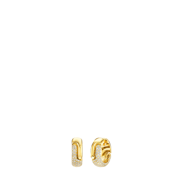 Image 1 of 3 - GOLD - Pamela Zamore Holos Round Hoops with Diamonds is crafted from 16.8g of 18K yellow gold with 3ct diamonds with a 22 mm drop. Holos, meaning whole in ancient Greek, explores the concept of balance and unity, featuring two sculptural halves of a piece interlocking to become one.