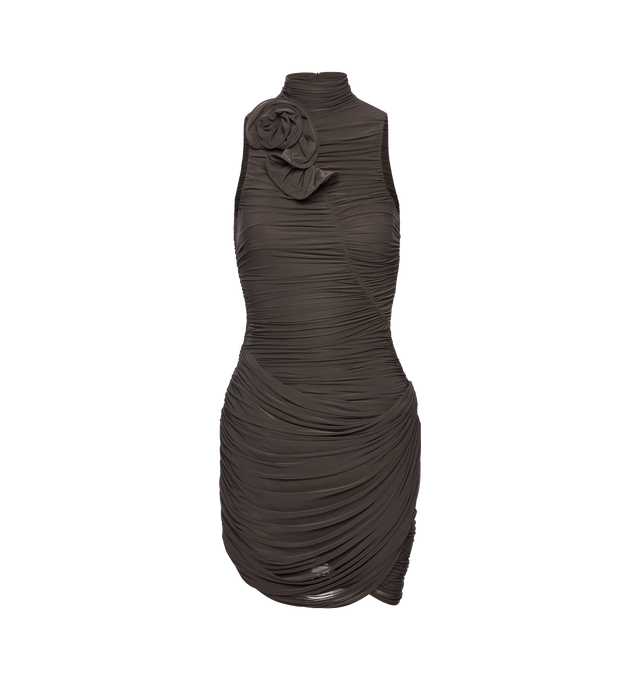 Image 1 of 3 - BROWN - MAGDA BUTRYM High-Neck Draped Mini Dress featuring a figure-hugging mini dress with a ruched high neckline, sculptural detailing throughout, handcrafted floral appliqu adorns the neckline, additional drapes overlay at the hips to add volume, subtle padding accentuates the hips for a sculpted effect, a concealed back zip and an integrated bodysuit for a seamless fit. 92% cupro, 8% elastane.