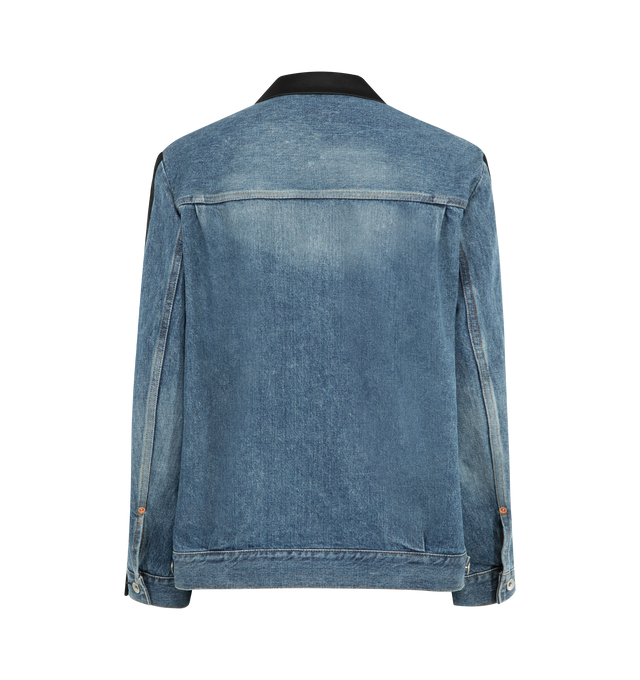 Image 2 of 3 - BLACK - SACAI Wool Suiting x Denim Jacket featuring double-breasted wool jacket, a modern construction, cotton denim panels, notched lapel, buttoned cuffs and adjustable tabs at the waist. 100% wool. 100% cotton. 100% polyester. Lining: 100% cupro. Made in Japan.