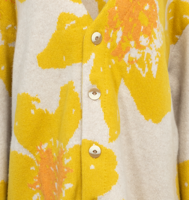 Image 3 of 3 - YELLOW - THE ELDER STATESMAN Floating Florals Cardigan featuring print throughout, long sleeves, v neck, button front closure and raw hem detailing. 100% cashmere.  