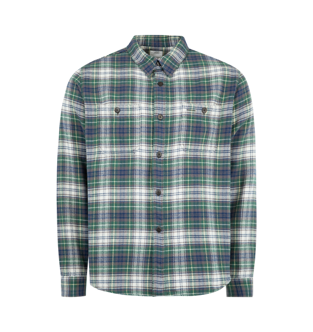 Image 1 of 2 - GREEN - VISVIM Larrikan Check Shirt featuring flannel long sleeve shirt, woven long staple cotton construction, one wash, pointed collar, button-up front closure and chest pockets with button closure. 100% cotton. Made in Japan.
