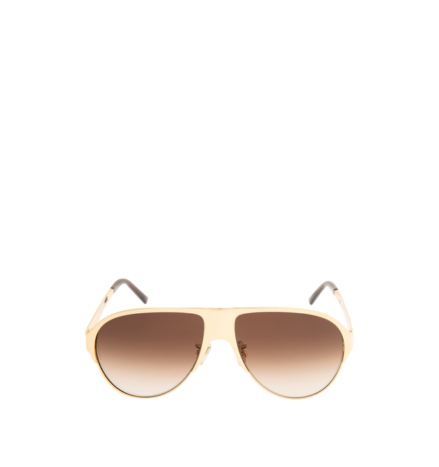 Image 1 of 3 - GOLD - GIVENCHY Metal Sunglasses featuring GIVENCHY bold line, pilot shape, brown with silver flash lenses, adjustable nose pads and GIVENCHY signature engraved on the temples. 100% UVA/UVB protection. 100% metal. Made in Italy.