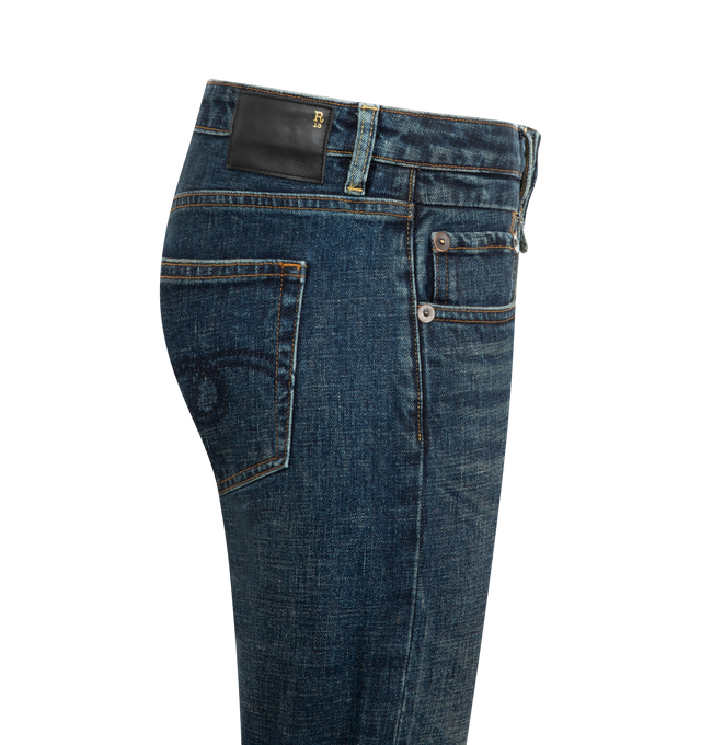Image 3 of 3 - BLUE - R13 Straight Boy Jeans featuring zip fly with button closure, 5 pocket design, intentionally distressed areas and heavy whiskering and fading detail. 100% cotton.