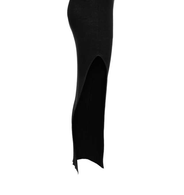 Image 3 of 3 - BLACK - RICK OWENS SL Turtle Midi Dress featuring rib-knit virgin wool midi dress, mock neck, raw edge at hem and slit at side seam. 100% virgin wool. Made in Italy.