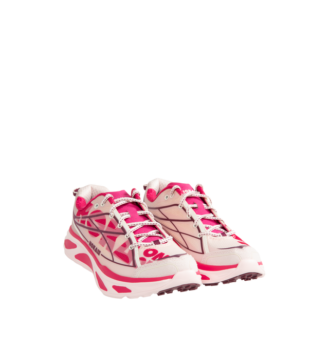Image 2 of 5 - PINK - HOKA Unisex Huaka Pro is crafted with a lightweight performance upper and features a retro-inspired silhouette drawn from the brands archives. Originally designed as a gravel-to-road trainer, this lifestyle sneaker is updated with a translucent cage, sublimated HOKA graphics, molded eyelets, a microfiber toe cap overlay, and a painted midsole. Finished with original Huaka tooling and a heel pull loop, it combines Y2K-inspired design with everyday comfort. Upper: Lightweight Textile wit