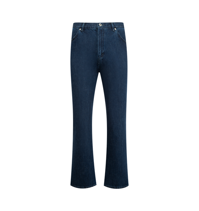 Image 1 of 3 - BLUE - POST O'ALLS 546 Flare-R2 Pant featuring four pocket style, button zip closure, belt loops and minimal flare hem. 100% cotton. Made in Japan.