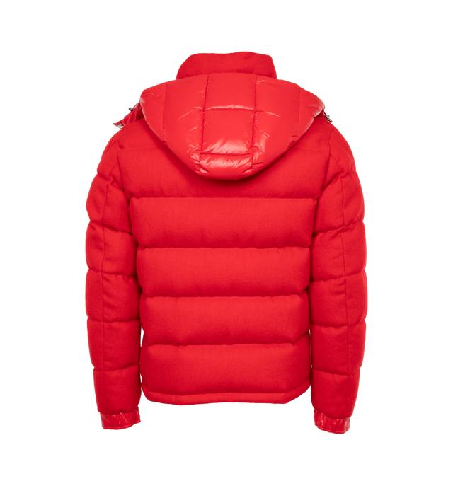 Image 2 of 4 - RED - MONCLER WINNIPEG JACKET featuring drawcord hood with stand collar, long sleeves, snap-button cuffs, zip pockets and zip closure. 100% virgin wool. Trim: 100% polyamide. Padding: 90% down, 10% feather. 