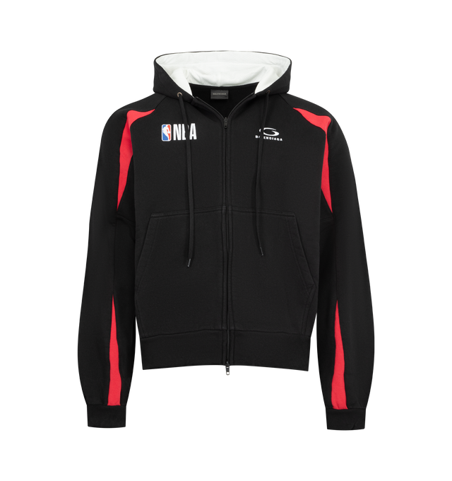 Image 1 of 2 - BLACK - BALENCIAGA NBA Oversized Zip-Up Hoodie featuring dry fleece, hood with drawstring, dropped shoulders, double-ended zip fastening, 2 pockets at front, gathered at cuffs and waistline, NBA artwork and loop sports icon artwork embroidered on chest and back and in collaboration with the NBA. 100% cotton. Hood: 100% polyester. Made in Portugal.