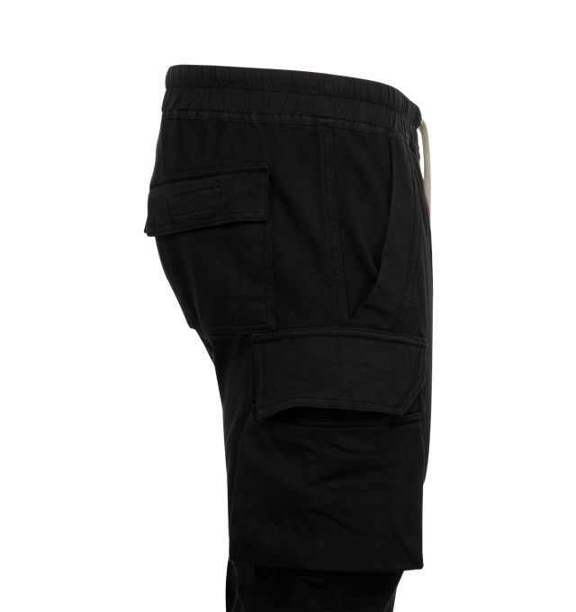 Image 3 of 3 - BLACK - DRKSHDW Mastodon Cut Lounge Pants featuring slim-fit, drawstring at elasticized poplin waistband, four-pocket styling, button-fly, rib-knit cuffs and cargo pocket at outseams. 100% organic cotton. Made in Italy.