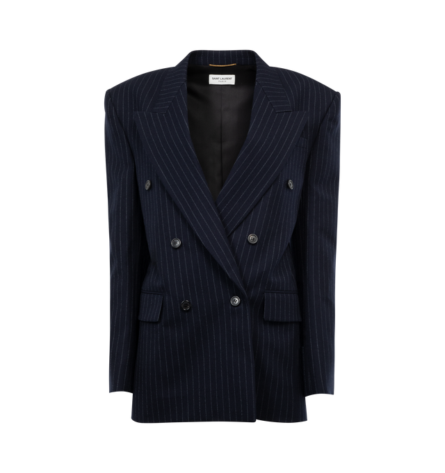 Image 1 of 4 - BLUE - SAINT LAURENT Pinstripe Blazer featuring double-breasted button closure, peaked lapels, four-button cuffs, chest welt pocket, front flap pockets, shoulder pads and lined. 96% wool, 2% cotton, 2% elastane. Made in Italy. 