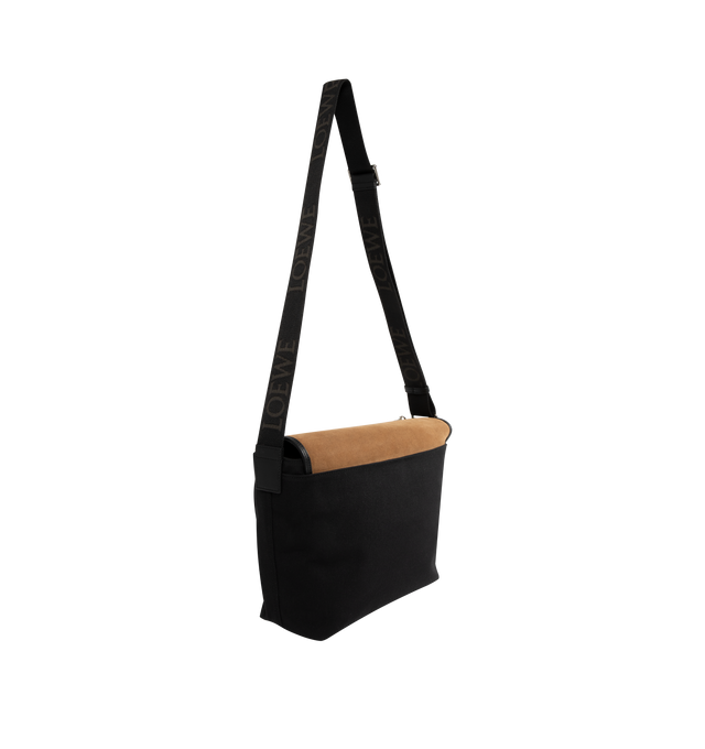 Image 2 of 3 - BLACK - LOEWE Medium Flex Messenger Bag in canvas and suede featuring trapeze-shaped variation on a foldover flap design, suitable for a 13 inch laptop, shoulder or crossbody carry, adjustable LOEWE webbing strap, flap closure with snap buckles, one zipped front pocket, one rear pocket with magnetic closure, one internal zipped pocket, water-resistant nylon lining and embossed Anagram with D-ring. Canvas/suede. 27 cm x 38 cm x 9.5 cm. Made in Portugal.