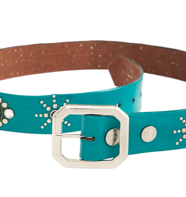 Image 2 of 3 - BLUE - GALLERY DEPT. Painted Studded Belt featuring distinctive peanut-shaped pattern, meticulously hand-placed studs, 'GALLERY DEPT.' studs across the length and hand-painted. With use, the paint will naturally chip and wear away. 100% leather. Made in USA.