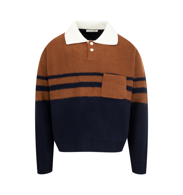 Image 1 of 2 - MULTI - WALES BONNER Calm Polo Sweater featuring a partially buttoned front, polo collar, stripes, ribbed cuffs and hem and long sleeves. 100% wool.