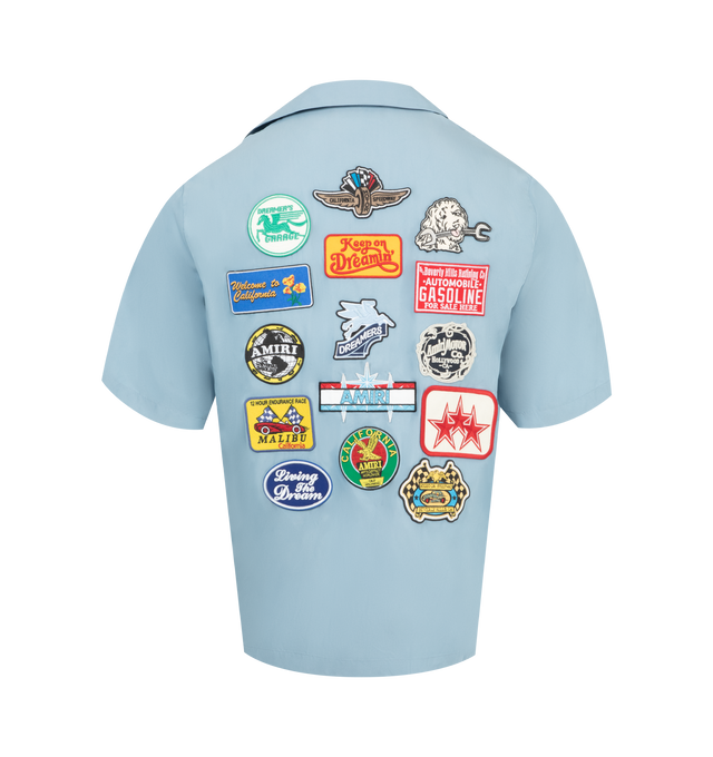 Image 2 of 2 - BLUE - AMIRI Station Patch Bowling Shirt featuring embroidered logo patches at the chest and across the back, notched collar, short sleeves, chest flap pockets and button-front closure. 60% modal, 40% polyester. Made in Italy.