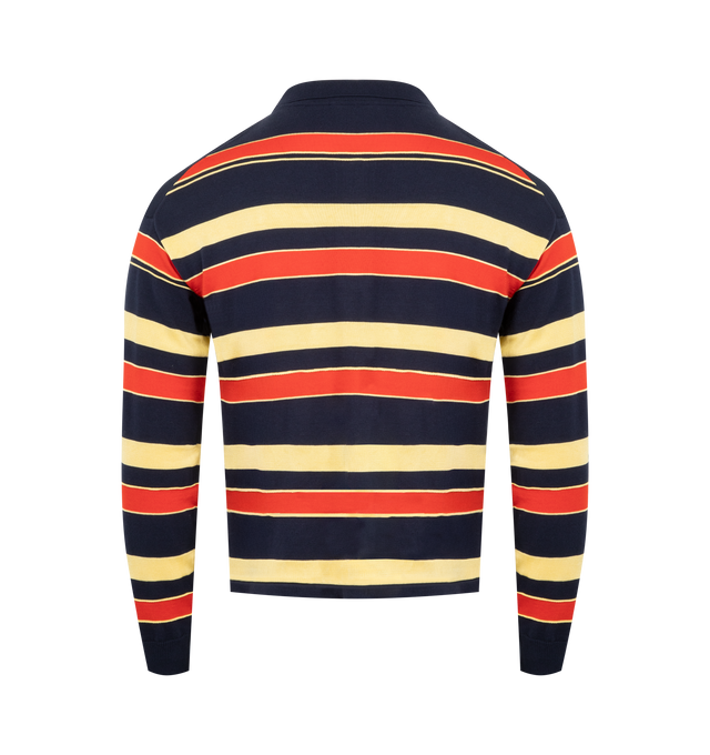 Image 2 of 3 - MULTI - JW Anderson knitted striped rugby polo top in contrast navy matte cotton and high-shine viscose, featuring anchor logo embroidery with horn buttons. 45% Cotton29% Viscose 26% Wool. Made in Italy.
