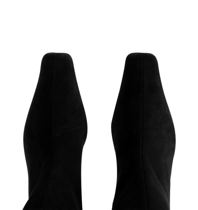 Image 4 of 4 - BLACK - KHAITE Ona Ankle Boot in Suede featuring square-toe, pull on ankle boot in velvety suede with sleek blade heel and tonal outsole. 55mm heel. 100% calfskin. Made in Italy.