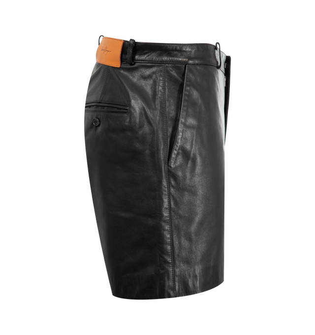 Image 3 of 3 - BLACK - SECOND LAYER Leather Shorts featuring belt loops, four-pocket styling, zip-fly and leather logo patch at back waistband. 100% leather. Made in Italy.