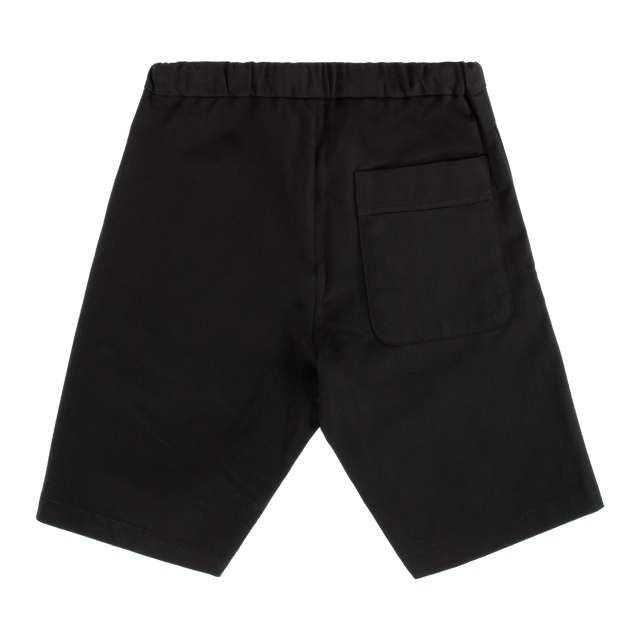 Image 3 of 6 - BLACK - OCD 27 Drawstring Bermuda Shorts featuring elastic waist, button fly, drawstring, back patch pocket and logo patch on leg. Fabric sources from Japan. 100% cotton.
