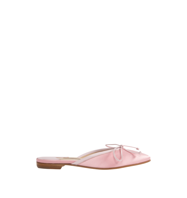 Image 1 of 4 - PINK - Manolo Blahnik Satin Bow Ballerina Flats in a slide-on style featuring grosgrain trim and bow accent, 10 mm flat heel, almond toe, leather outsole and leather lining. Made in Italy.