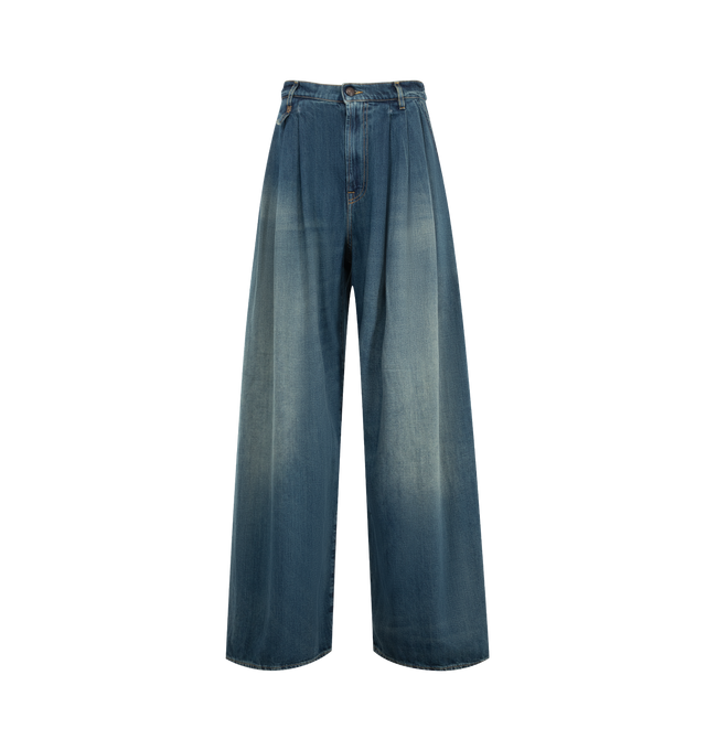 Image 1 of 3 - BLUE - R13 Womens Triple Pleat Jeans are crafted from cotton and feature an oversized wide-leg silhouette with a crossover waistband and three pleats on each side of the waist. Main Material: Cotton.