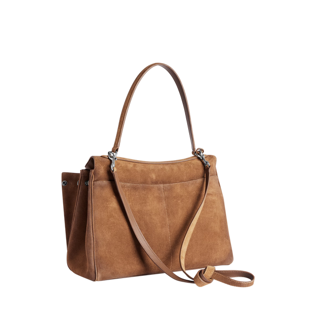 Image 3 of 4 - BROWN - BALENCIAGA Rodeo Handbag Medium in waxed suede calfskin and smooth calfskin featuring one handle, removable shoulder strap, removable cloche cls with two split rings, aged-silver hardware, turn lock closure, wide front pocket, 1 main compartment, 1 inner zipped pocket, 2 flat pockets at back, side snaps, 4 brass feet and nappa lambskin lining. L13.8 x H9.2 x W4.3 inch. Calfskin. Made in Italy.