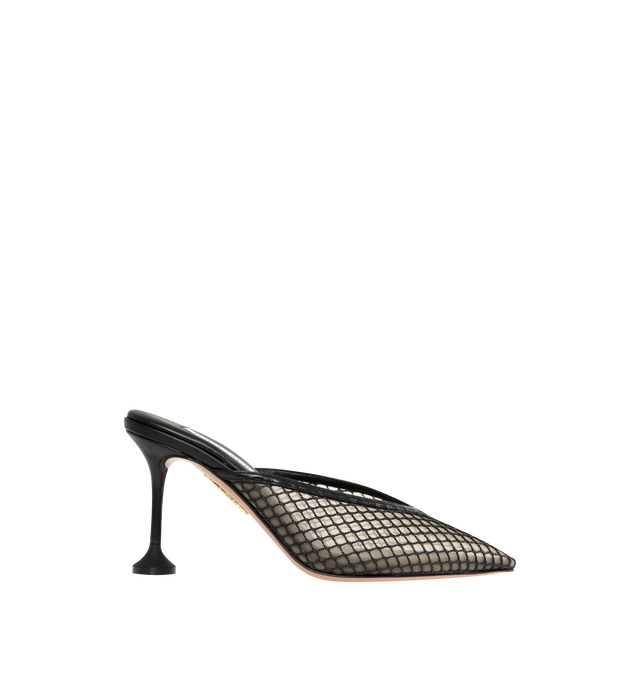 Image 1 of 4 - BLACK - AQUAZZURA Bisous Mesh Mule Pump 85 featuring mesh overlay, pointed-toe shape, fluted 85 mm heels, slip-on, padded leather insole and signature logo detailing. Made in Italy.
