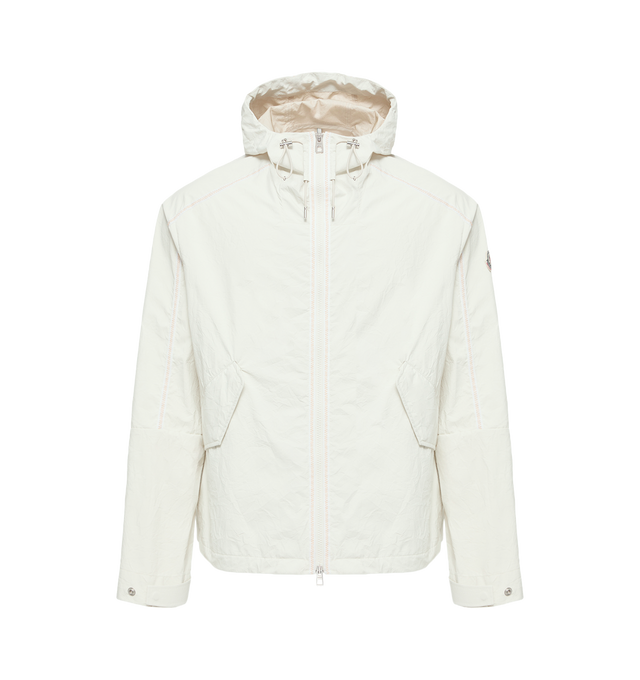 Image 1 of 2 - WHITE - MONCLER Funes Jacket featuring premium lightweight, weather-resistant materials, adjustable hood, two side pockets, straight silhouette with a relaxed fit and full-length front zipper. 100% polyamide. 100% polyester.