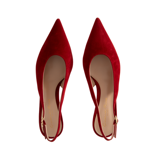 Image 4 of 4 - RED - Gianvito Rossi Robbie Slingback 55 crafted from supple suede featuring a pointed-toe and 55mm kitten heel. The back strap is completed with the metallic Ribbon buckle, signature of the Maison. Handmade in Italy. 100% SUEDE.