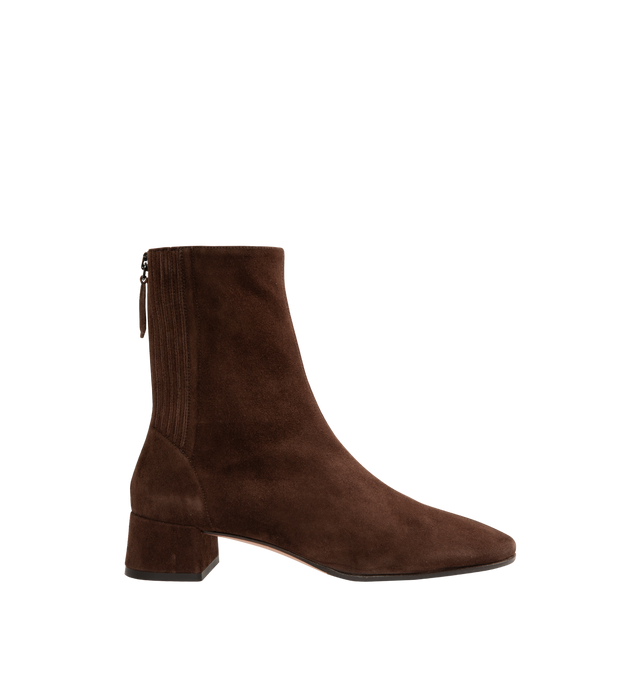 Image 1 of 4 - BROWN - Aquazzura Saint Honore Booties are expertly made in Italy from rich suede featuring softly pointed toes, easy back zip closure, and 35 mm block heels that give them a subtle retro feel.