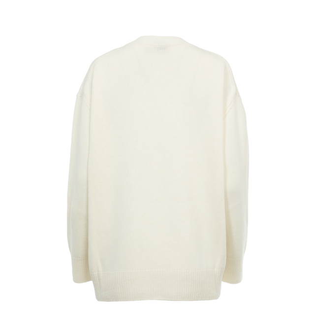 Image 2 of 3 - WHITE - MONCLER Crew Neck Sweater featuring a wool and cashmere blend, stockinette stitch, gauge 5, crew neck and embroidered logo. 90% virgin wool, 10% cashmere.