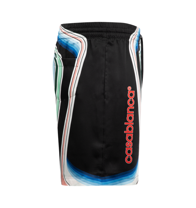 Image 3 of 3 - MULTI - CASABLANCA Graphic Mountain Silk Shorts featuring an all-over printed design, silk satin fabric, an elasticised waistband, drawstring fastening, in-seam side pockets, and a back pocket. 100% silk. Made in Italy.