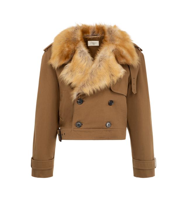 Image 1 of 3 - BROWN - Saint Laurent Women's Shearling-Trimmed Trench Coat is crafted from cotton gabardine and lamb shearling and features a slightly loose silhouette with wide lapels, a button-front closure, and contrasting shearling trim. From the Fall/Winter 2026 collection, this hybrid trench combines classic tailoring with plush texture, featuring a shearling-lined interior, cropped hem detailing, and added warmth for colder weather. Main Material: 50% Cotton, 50% Lambskin. *This item may be restrict
