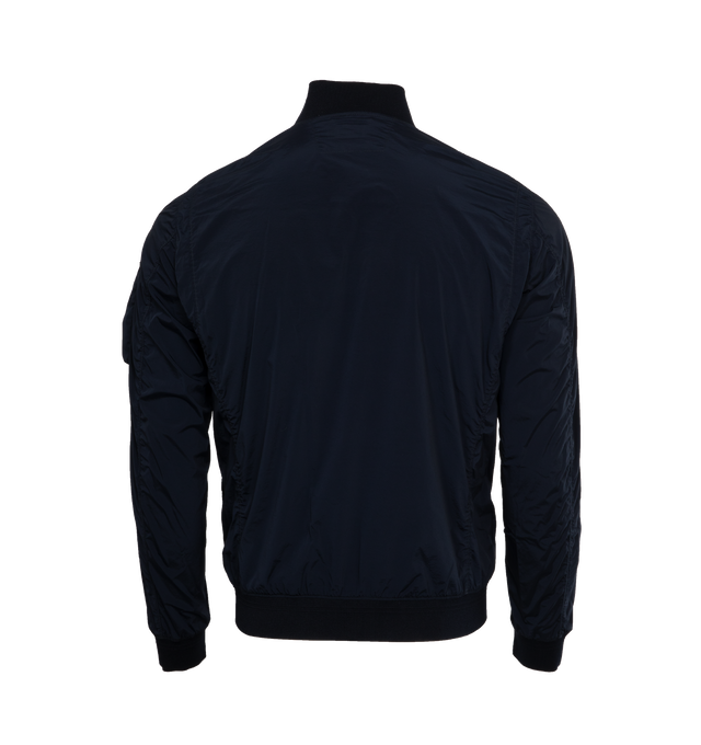Image 2 of 3 - BLACK - C.P. COMPANY Nycra-R Bomber Jacket featuring rib knit band collar, hem, and cuffs, two-way zip closure, flap pockets, zip pocket, acetate lens and zip pocket at sleeve, unlined and logo-engraved black hardware. 92% polyamide, 8% spandex. Made in Bulgaria. 